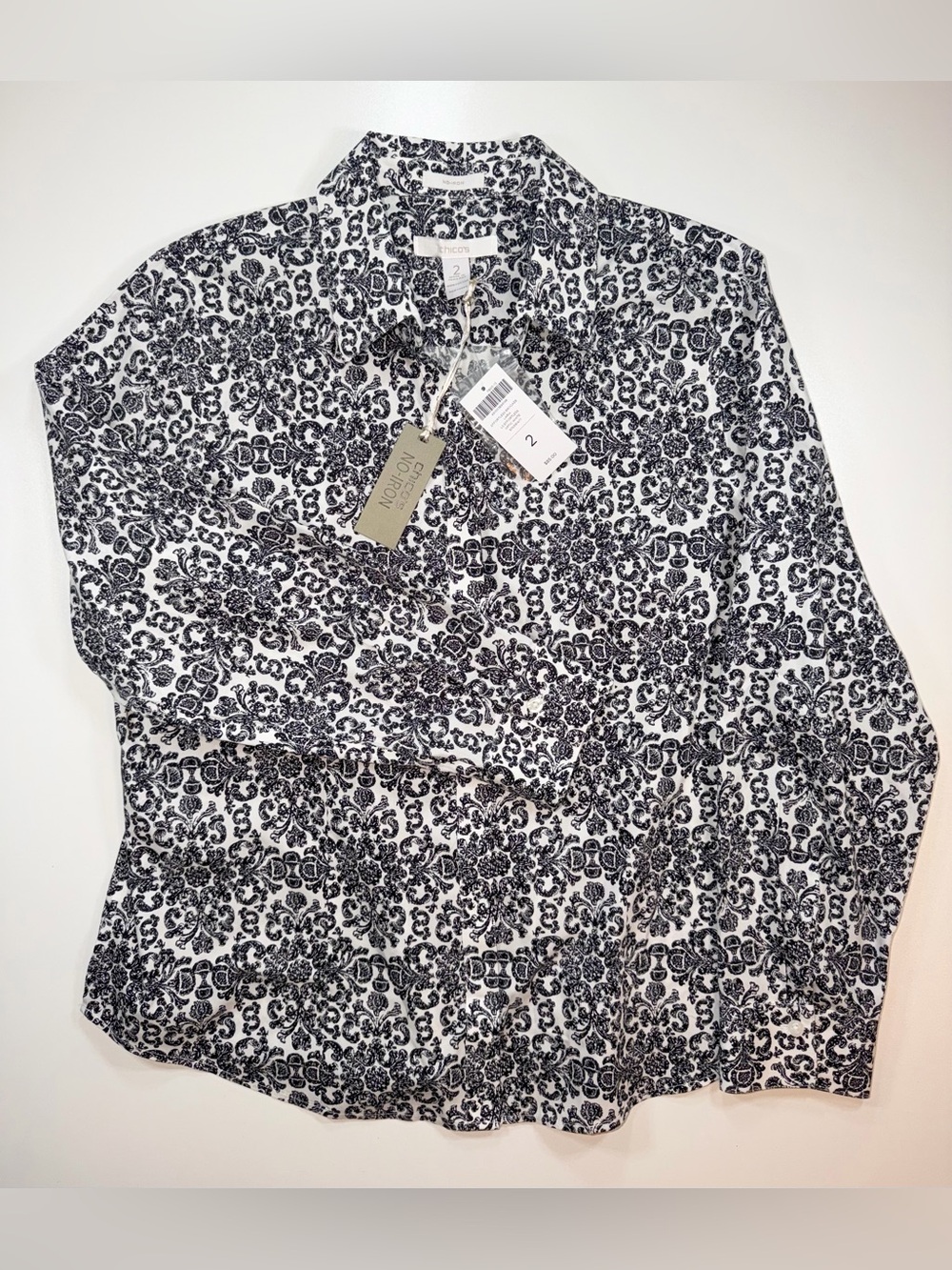 Chico's NO IRON Shirt Top Black White Button Up Long Sleeve Sz 2 L 12 NWT $85 - Picture 5 of 12
